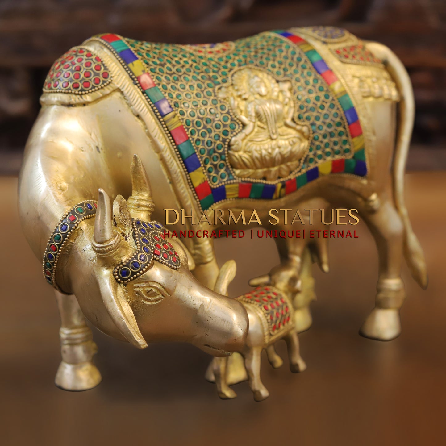 Brass Cow With Calf Idol Lakshmi Ji Engraved, Golden Finish & Stonework, 8.5"