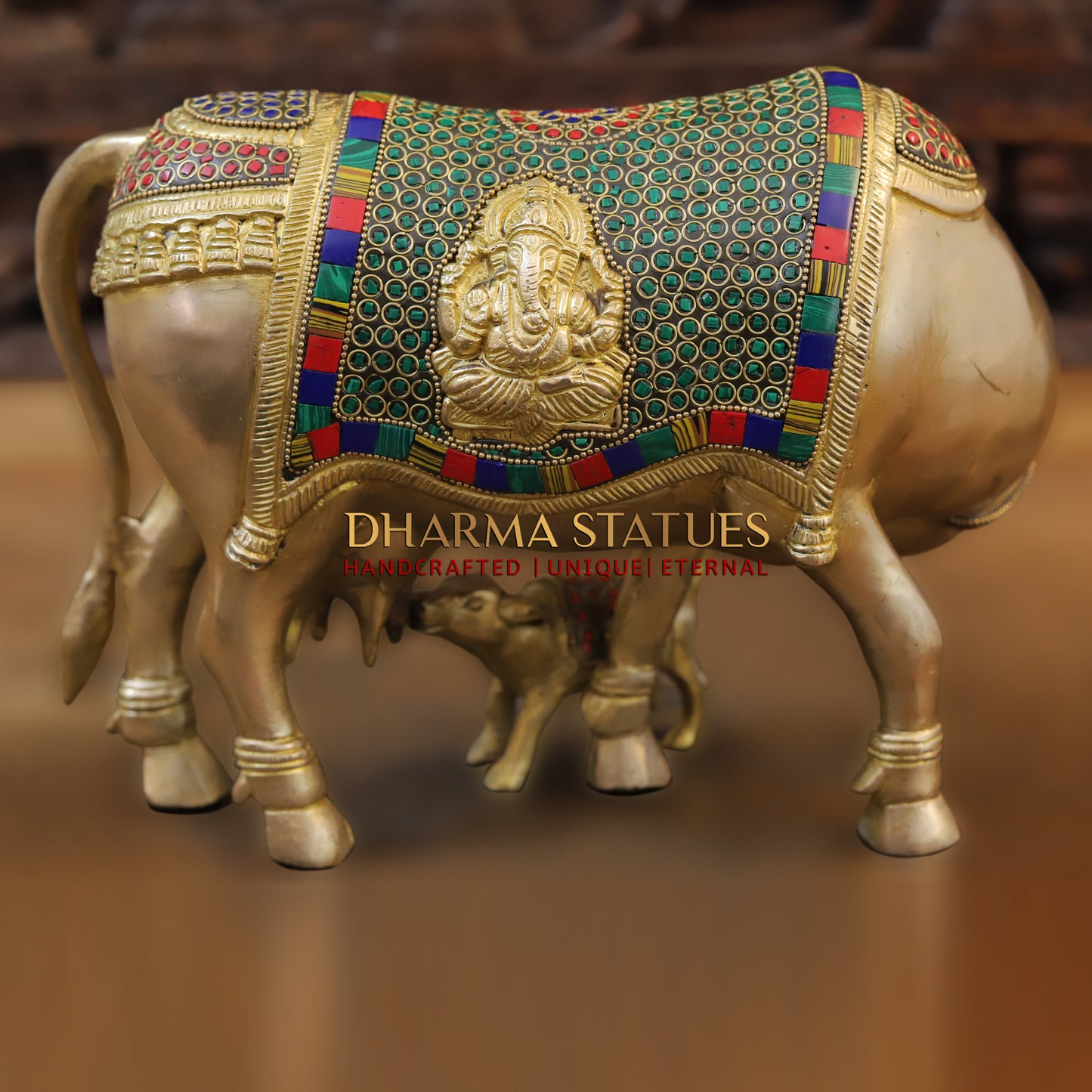 Brass Cow With Calf Idol Lakshmi Ji Engraved, Golden Finish & Stonework, 8.5"