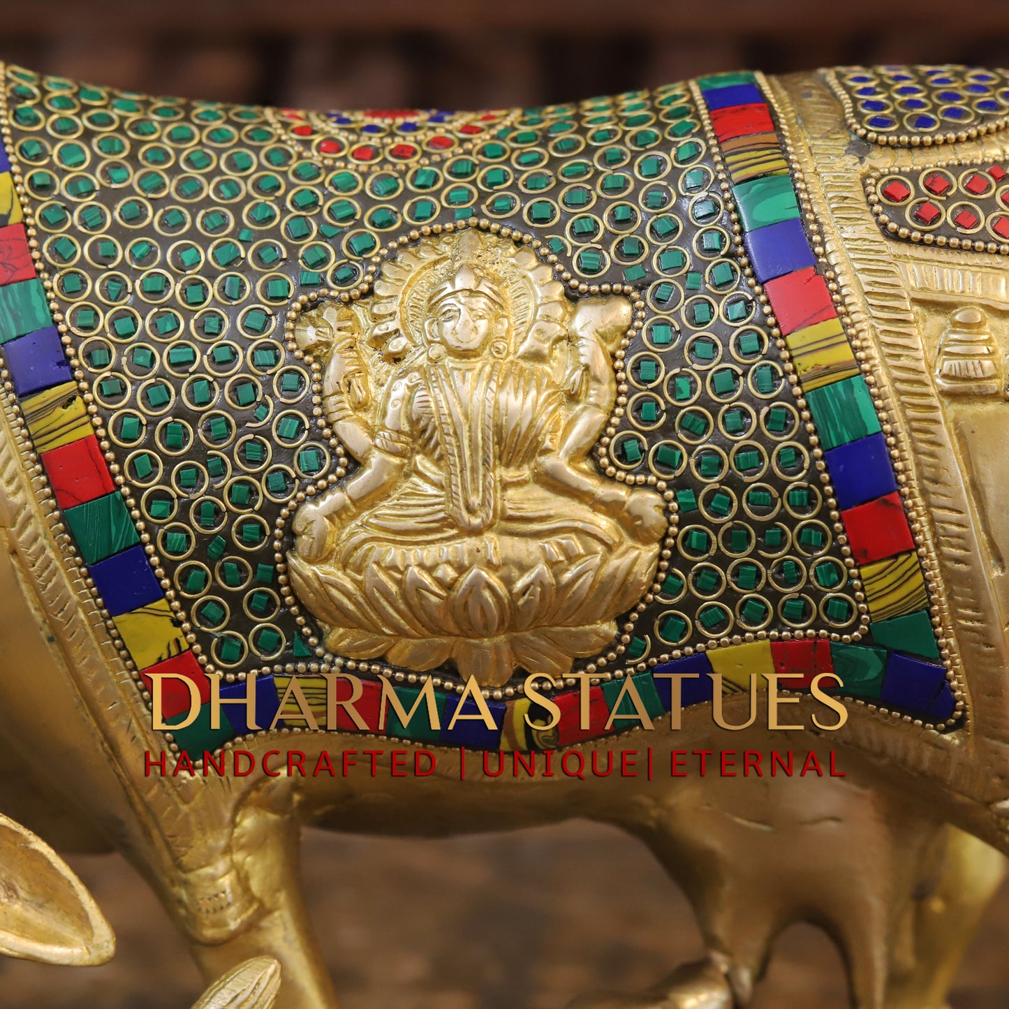 Brass Cow With Calf Idol Lakshmi Ji Engraved, Golden Finish & Stonework, 8.5"