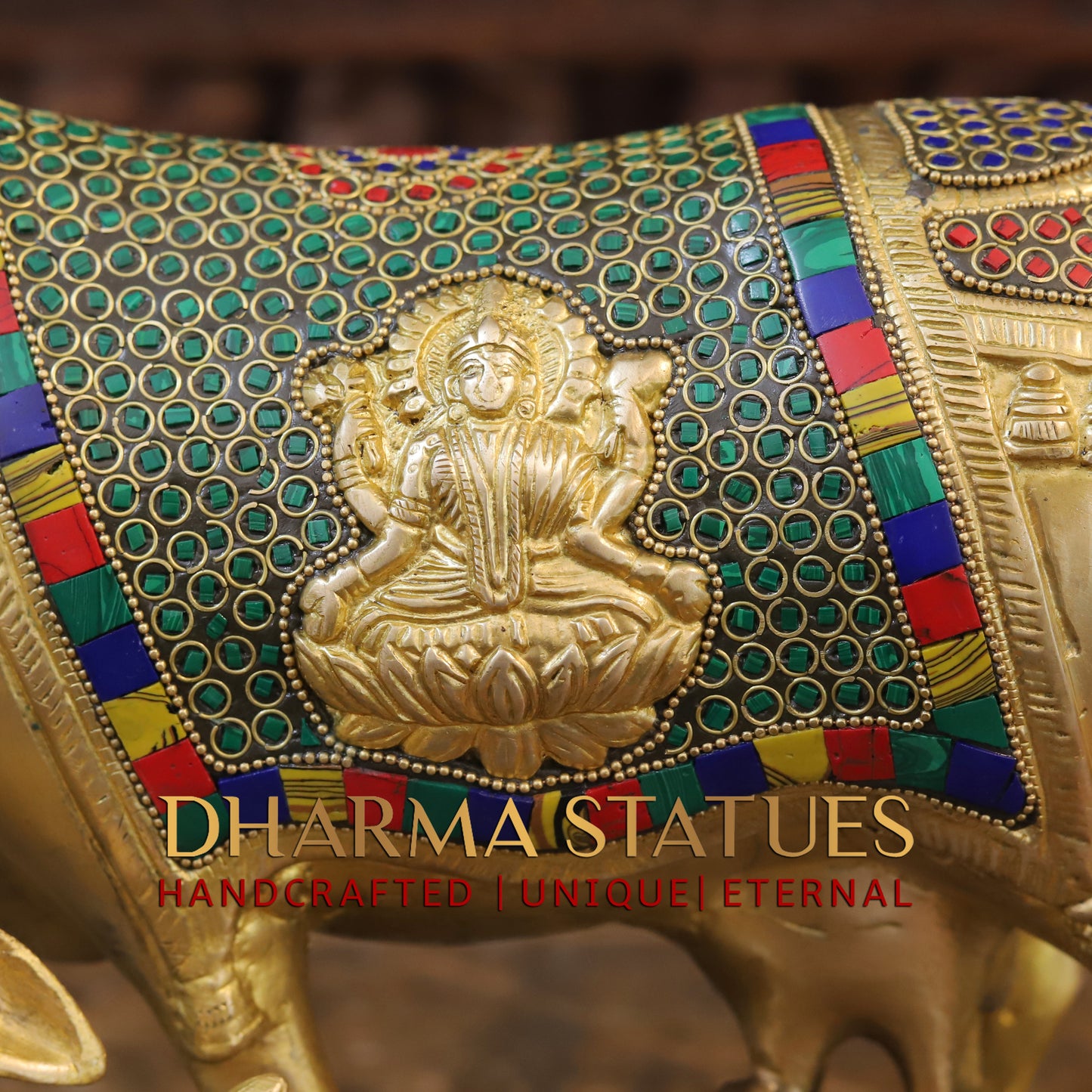 Brass Cow With Calf Idol Lakshmi Ji Engraved, Golden Finish & Stonework, 8.5"