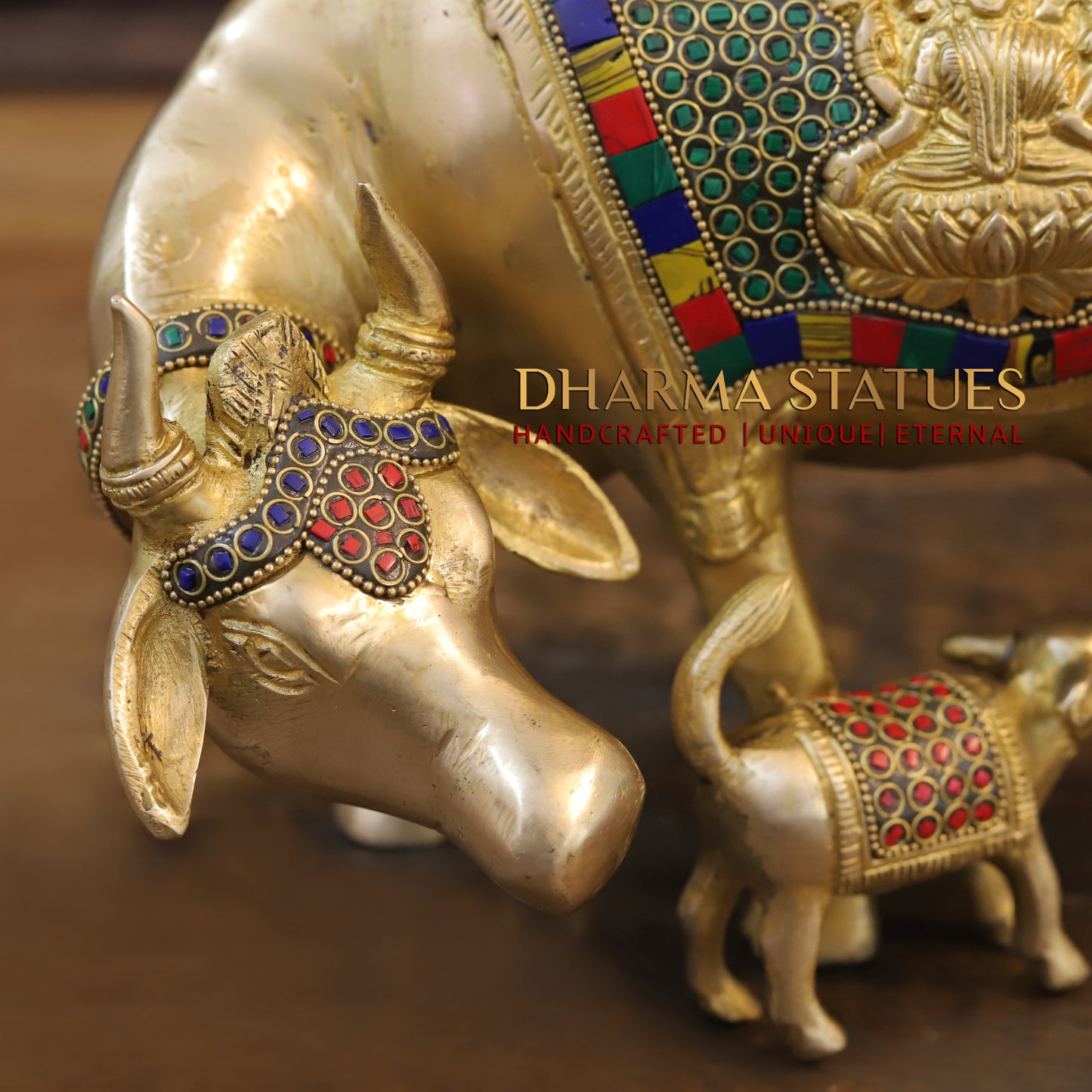 Brass Cow With Calf Idol Lakshmi Ji Engraved, Golden Finish & Stonework, 8.5"