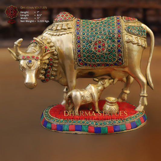 Brass Cow With Calf Standing on Base, Golden Finish & Stonework, 7"