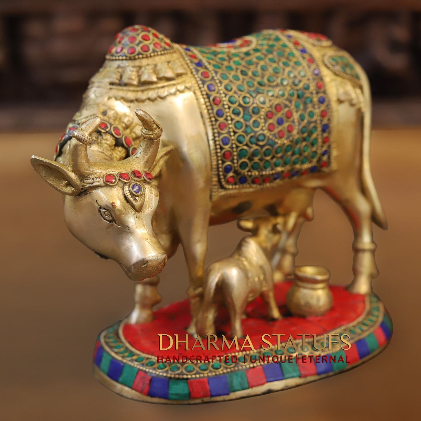 Brass Cow With Calf Standing on Base, Golden Finish & Stonework, 7"