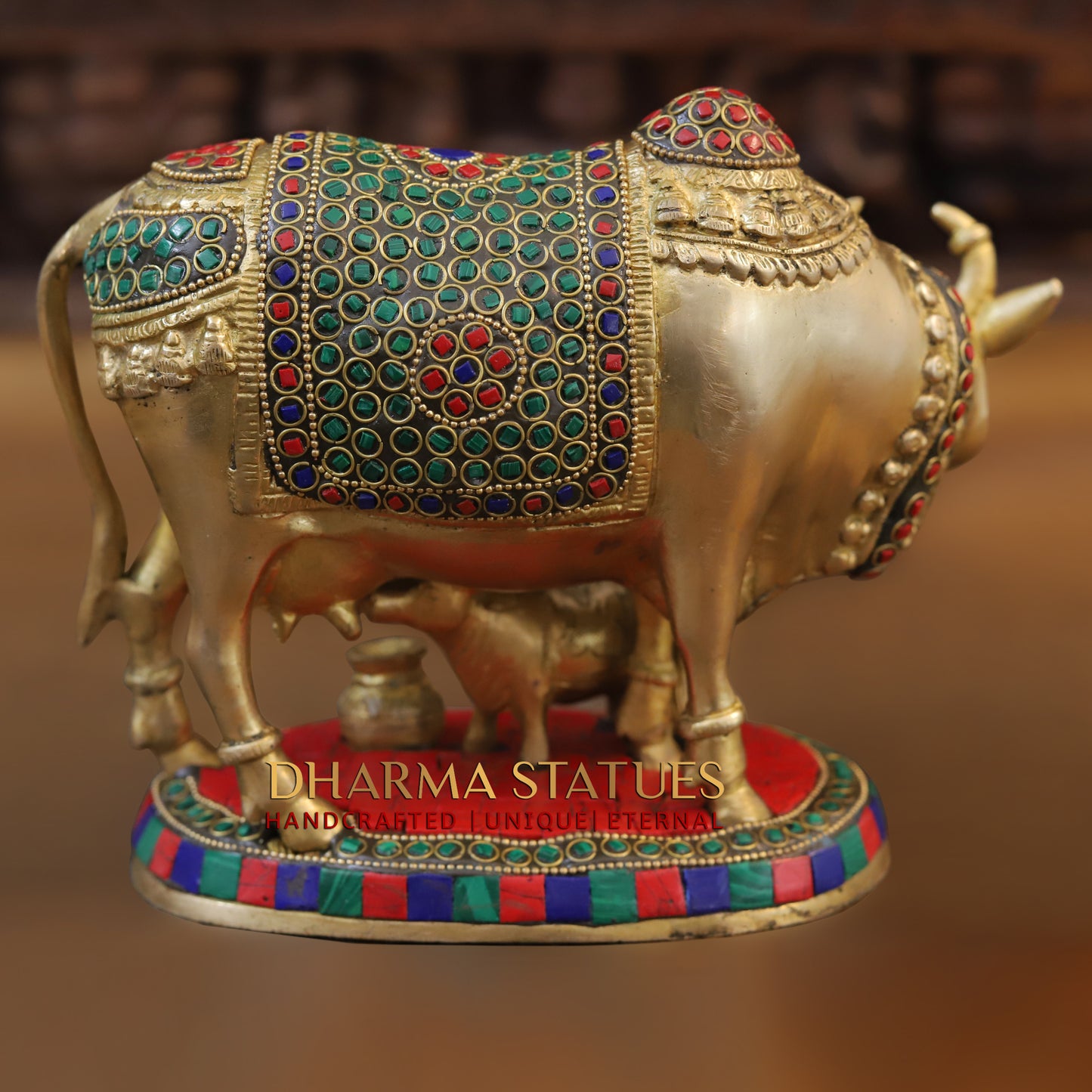 Brass Cow With Calf Standing on Base, Golden Finish & Stonework, 7"
