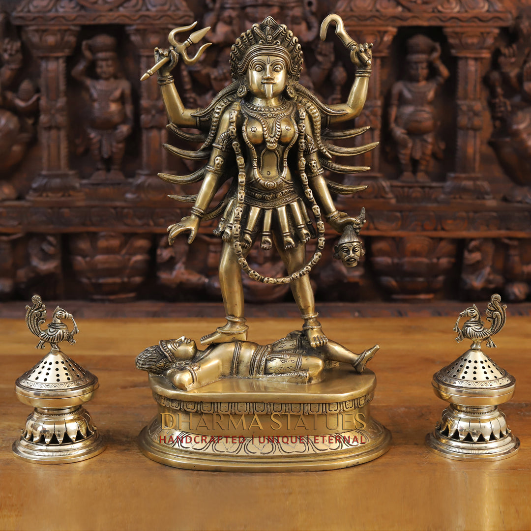 Brass Kali Idol, Standing on Shiva's Chest, Fine Golden Finish 17.5"