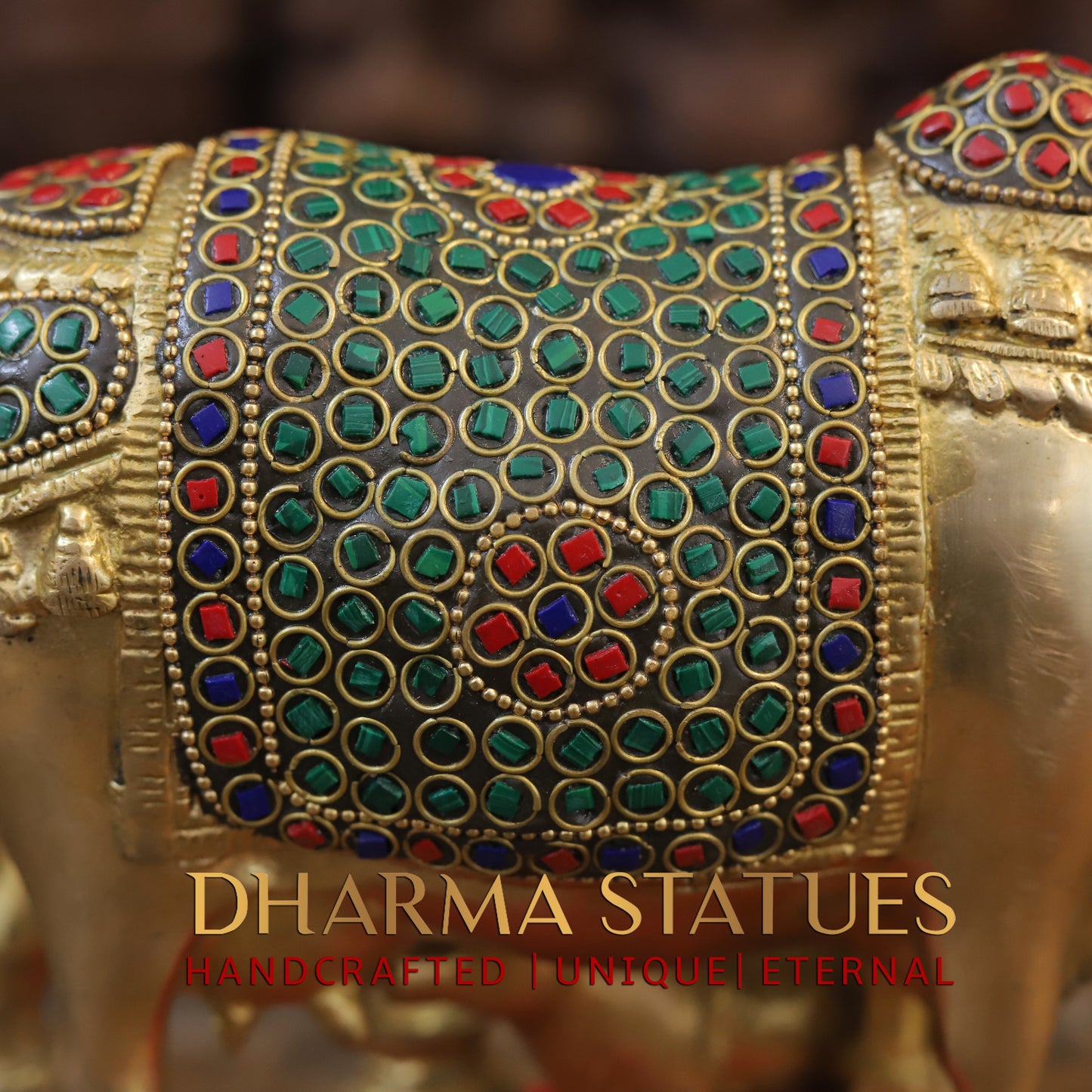 Brass Cow With Calf Standing on Base, Golden Finish & Stonework, 7"