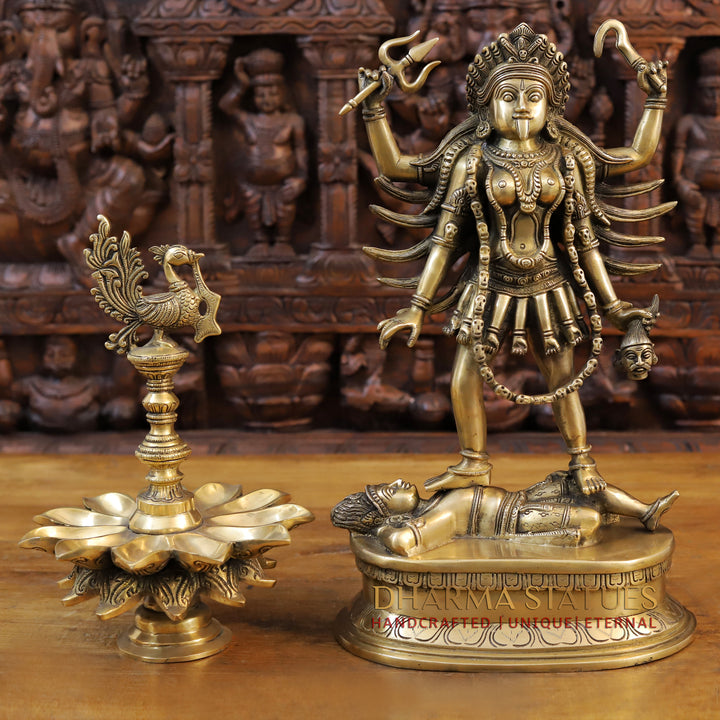 Brass Kali Idol, Standing on Shiva's Chest, Fine Golden Finish 17.5"