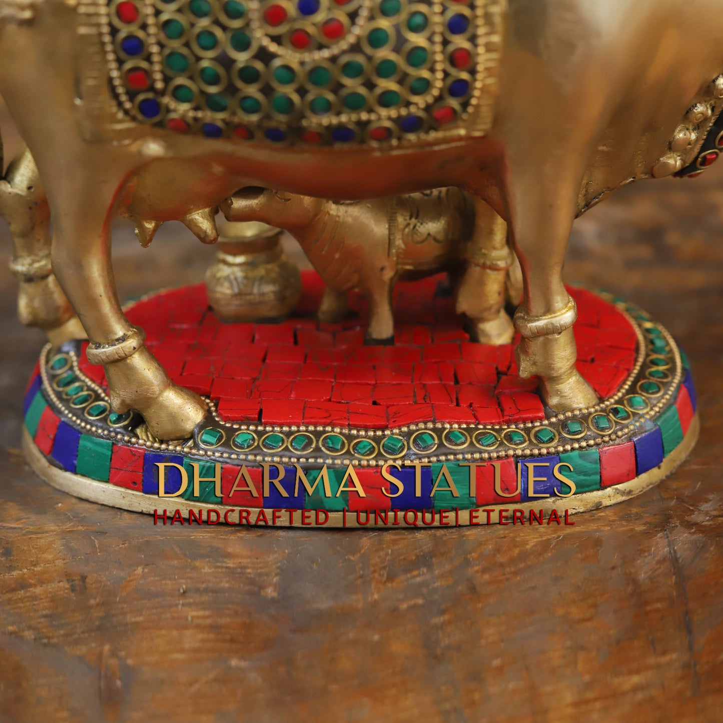 Brass Cow With Calf Standing on Base, Golden Finish & Stonework, 7"