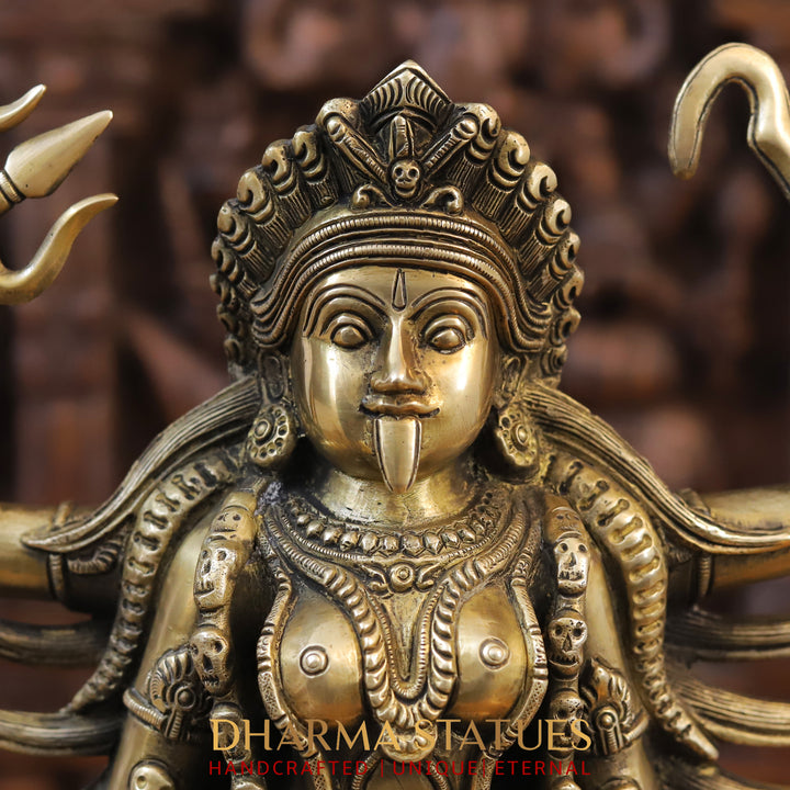 Brass Kali Idol, Standing on Shiva's Chest, Fine Golden Finish 17.5"