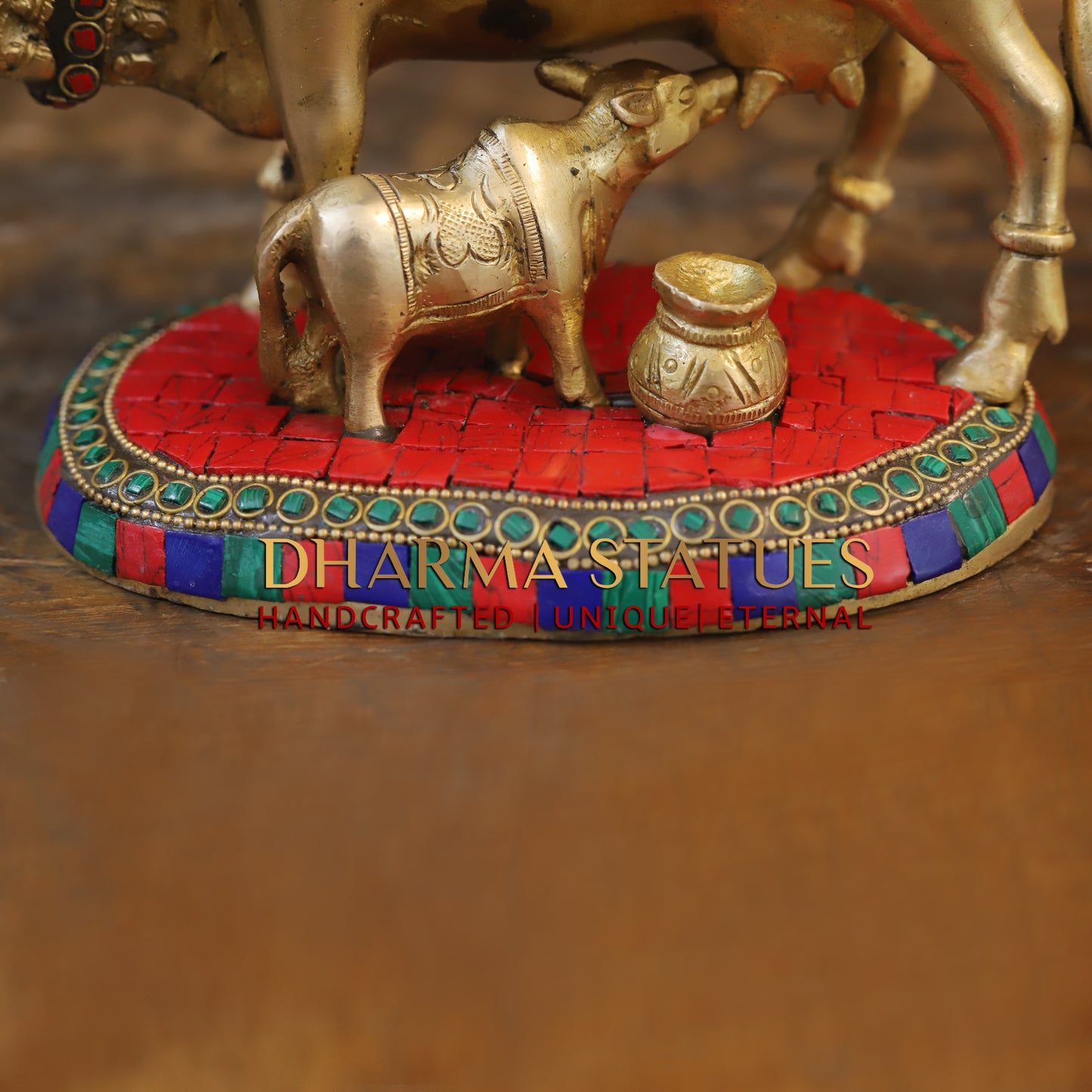 Brass Cow With Calf Standing on Base, Golden Finish & Stonework, 7"