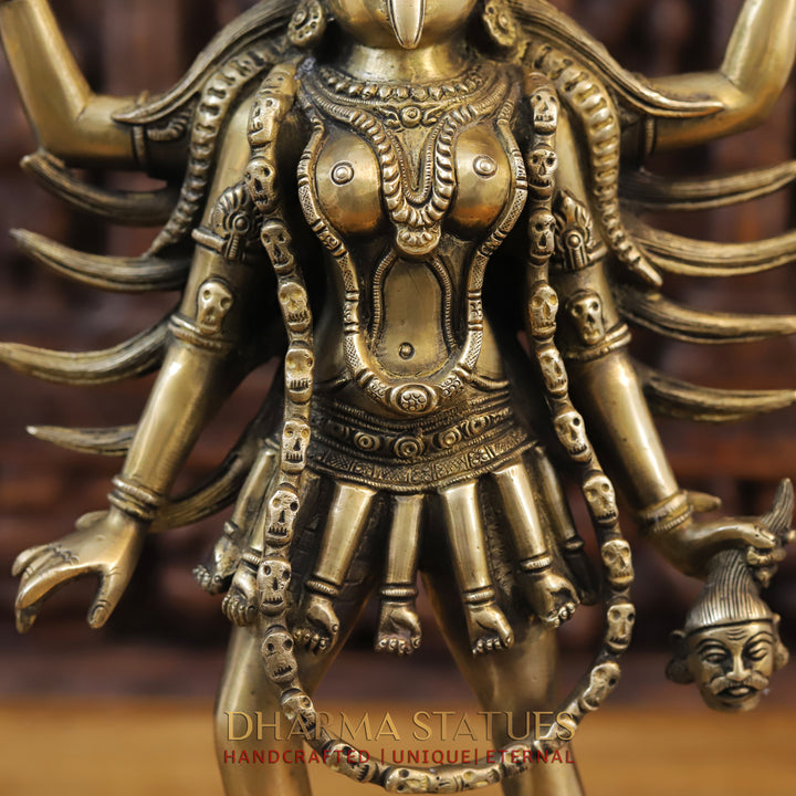 Brass Kali Idol, Standing on Shiva's Chest, Fine Golden Finish 17.5"