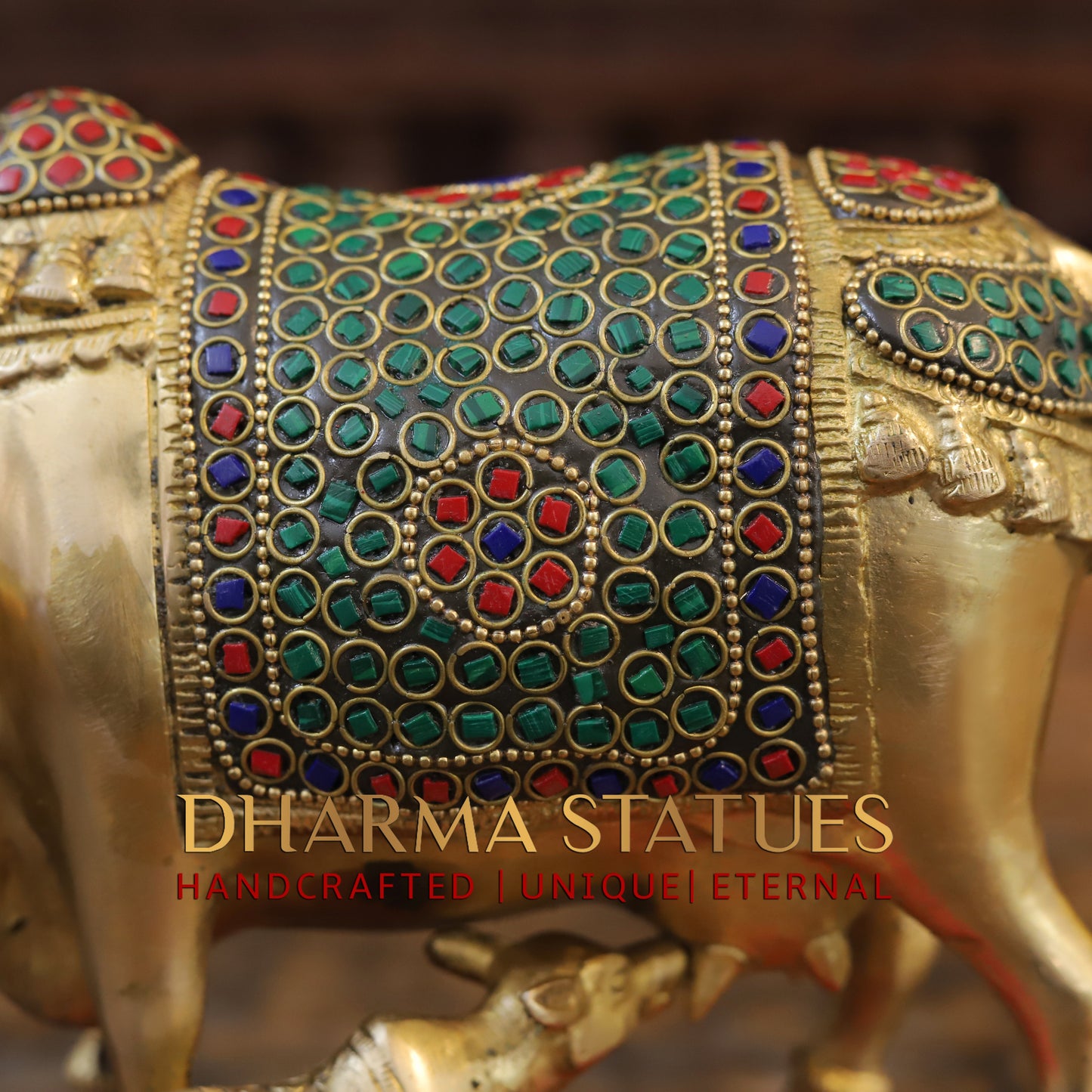 Brass Cow With Calf Standing on Base, Golden Finish & Stonework, 7"