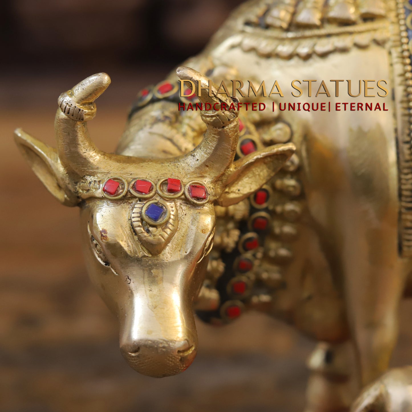 Brass Cow With Calf Standing on Base, Golden Finish & Stonework, 7"