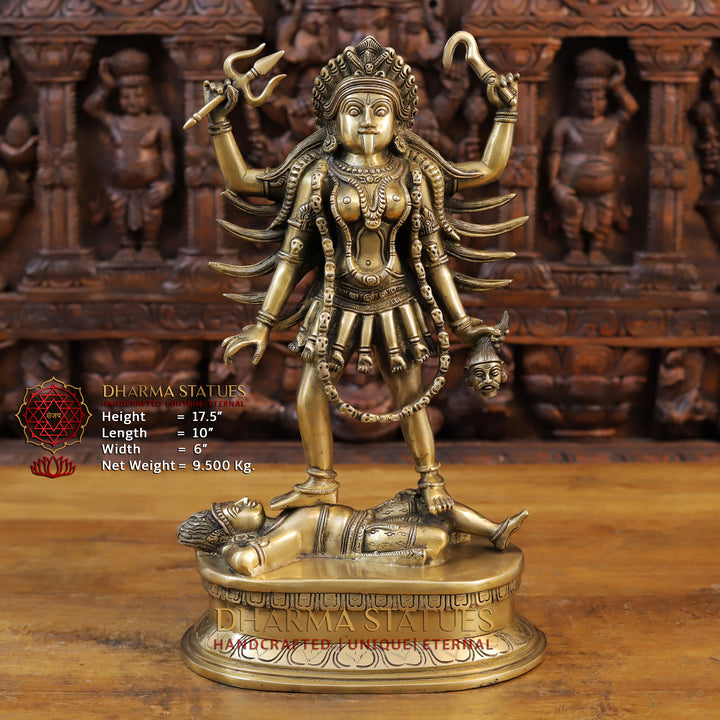 Brass Kali Idol, Standing on Shiva's Chest, Fine Golden Finish 17.5"