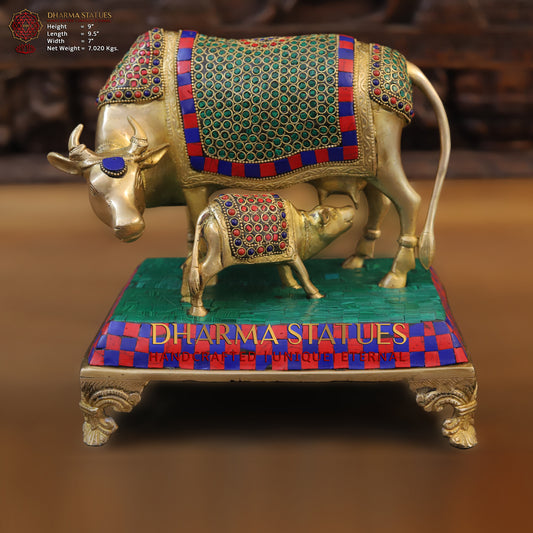 Brass Cow With Calf Standing on Chowki, Golden Finish & Stonework, 7"