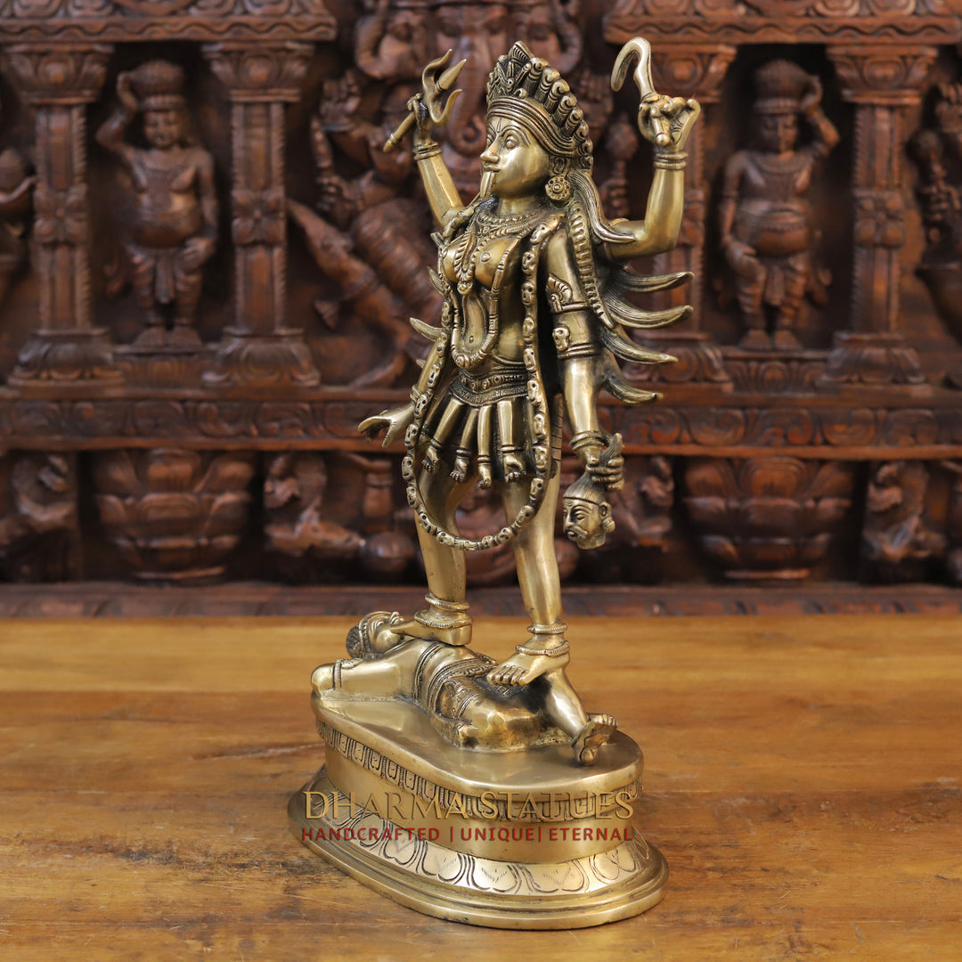 Brass Kali Idol, Standing on Shiva's Chest, Fine Golden Finish 17.5"