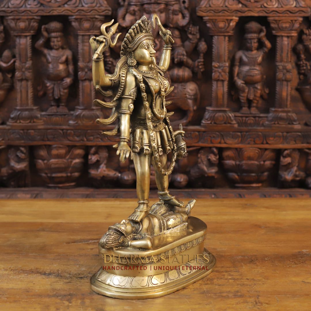 Brass Kali Idol, Standing on Shiva's Chest, Fine Golden Finish 17.5"