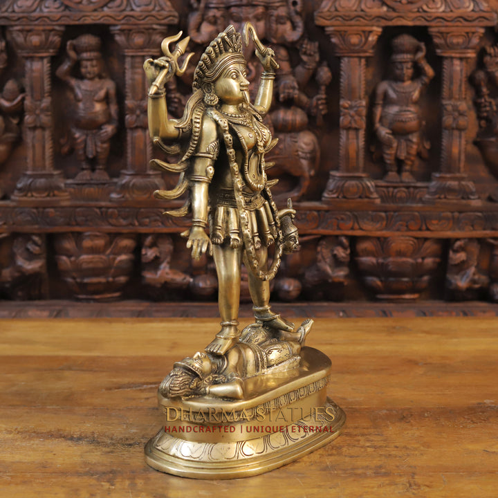 Brass Kali Idol, Standing on Shiva's Chest, Fine Golden Finish 17.5"