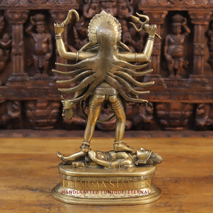 Brass Kali Idol, Standing on Shiva's Chest, Fine Golden Finish 17.5"