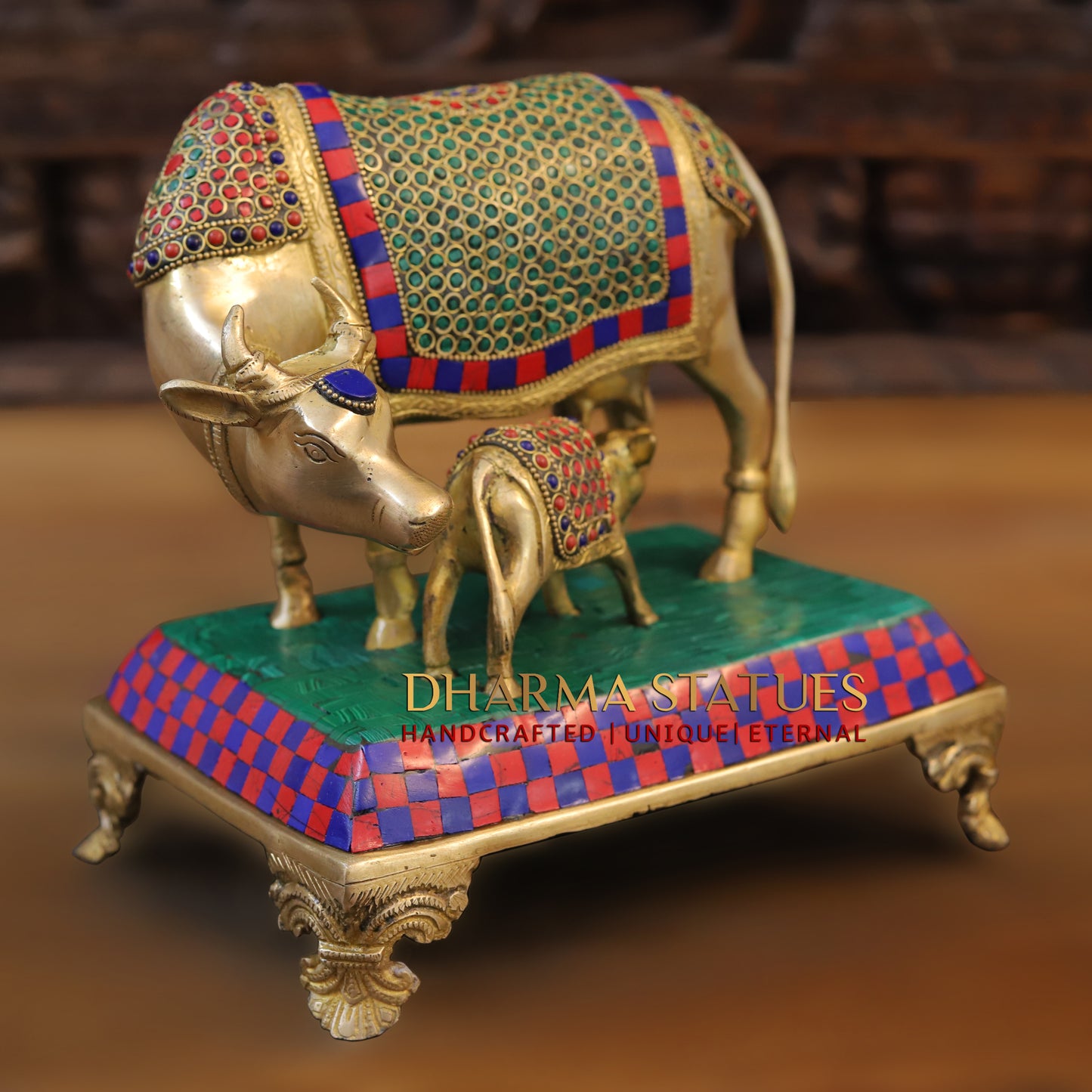 Brass Cow With Calf Standing on Chowki, Golden Finish & Stonework, 7"