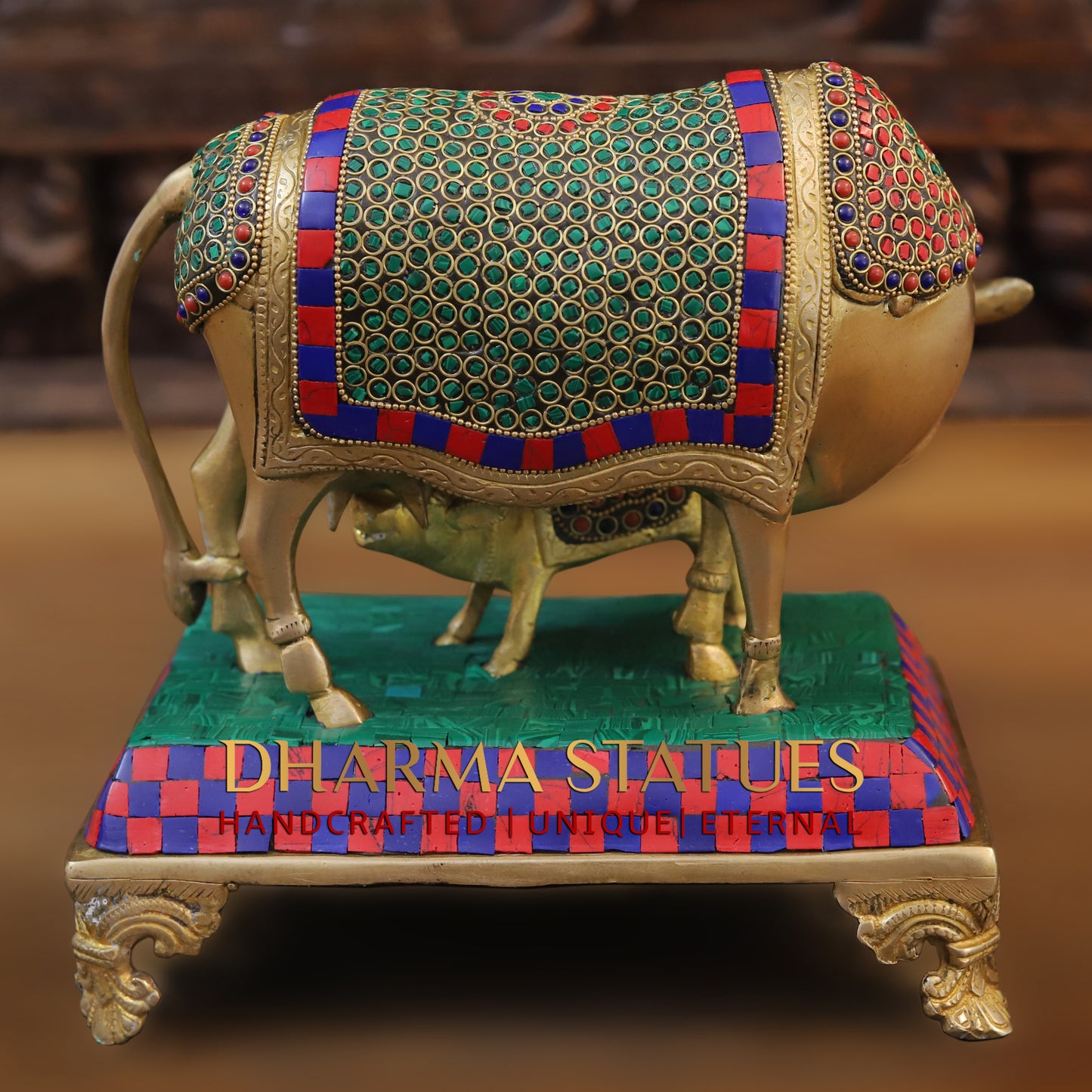 Brass Cow With Calf Standing on Chowki, Golden Finish & Stonework, 7"