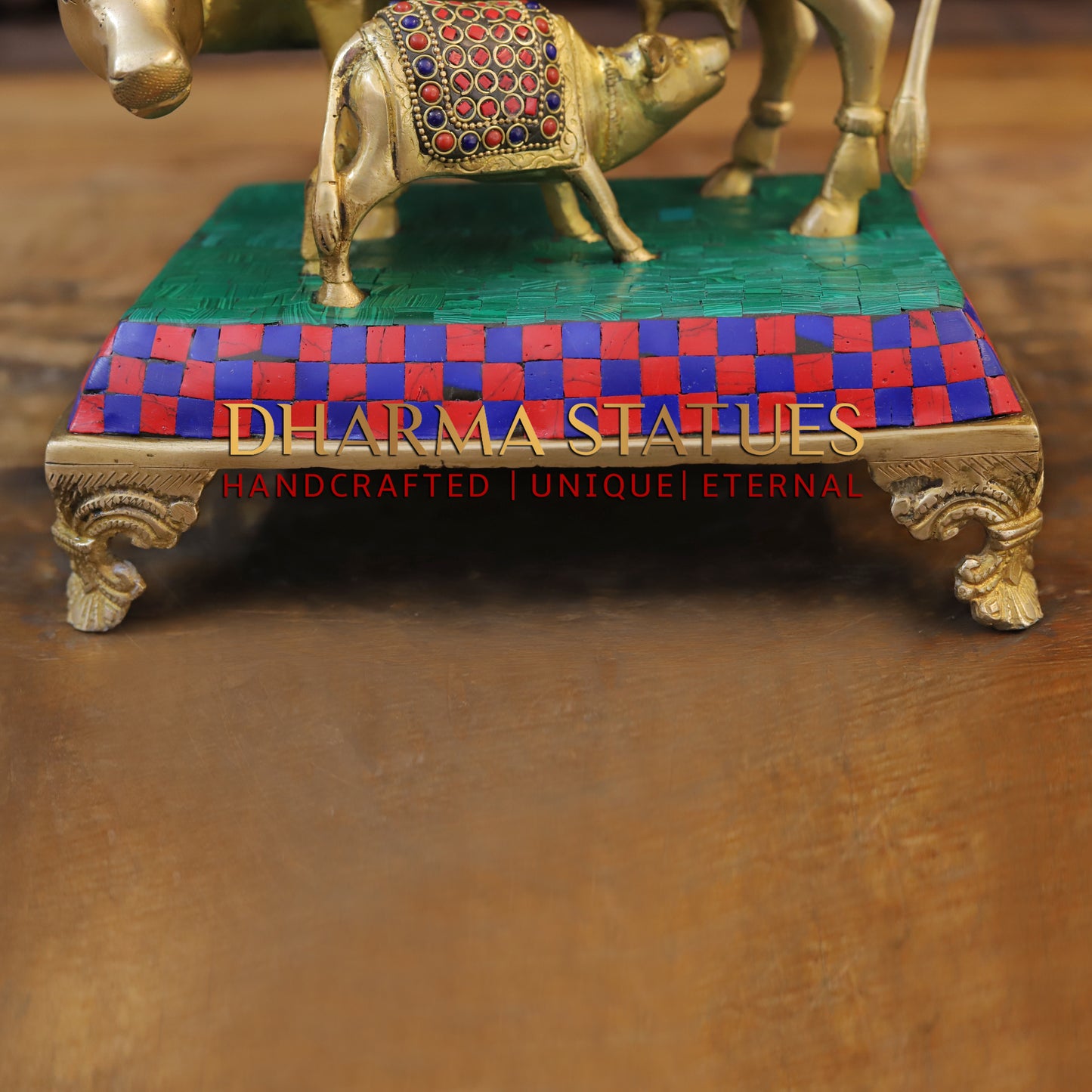 Brass Cow With Calf Standing on Chowki, Golden Finish & Stonework, 7"