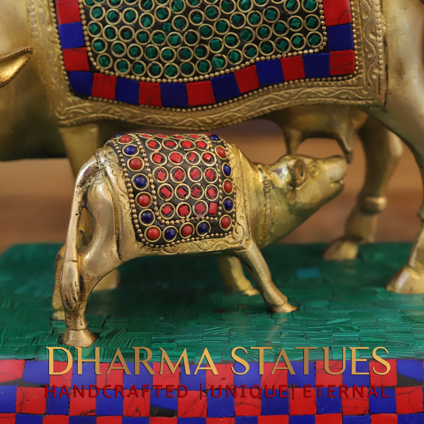 Brass Cow With Calf Standing on Chowki, Golden Finish & Stonework, 7"