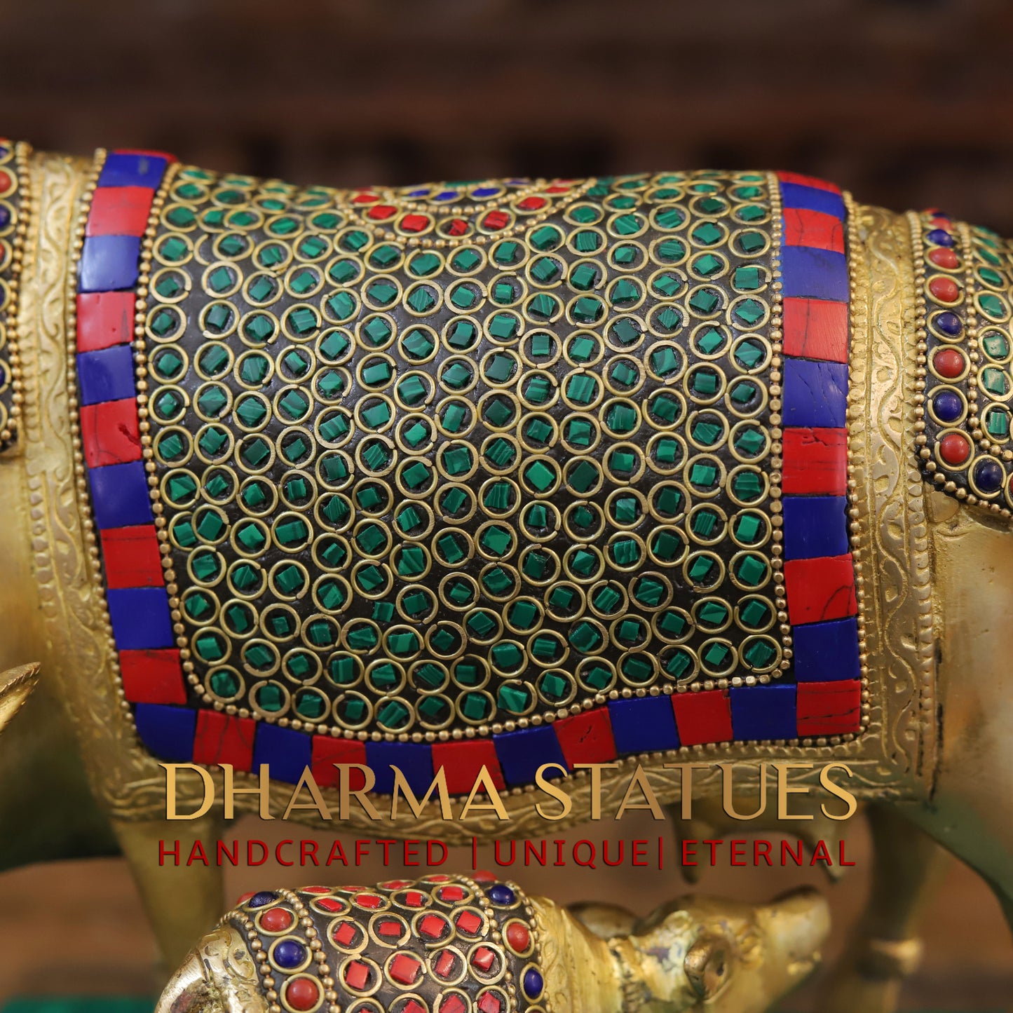 Brass Cow With Calf Standing on Chowki, Golden Finish & Stonework, 7"