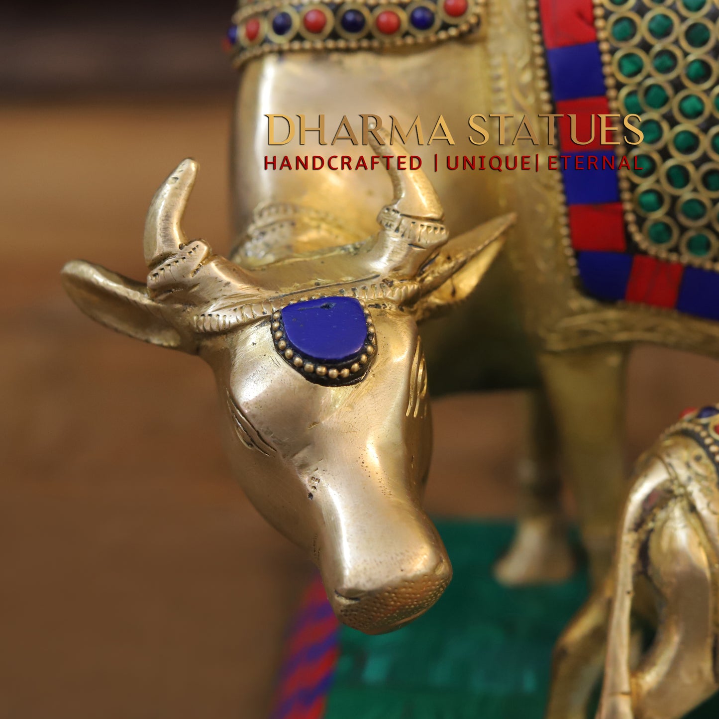 Brass Cow With Calf Standing on Chowki, Golden Finish & Stonework, 7"