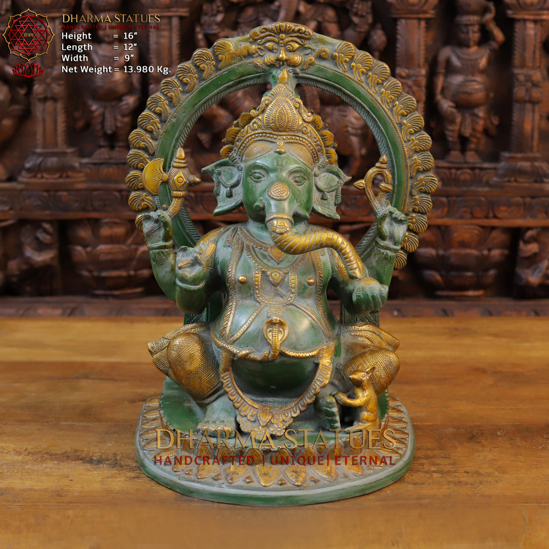 Brass Ganesh Idol, Seated on a Lotus, Green Patina Finish 16" Front View