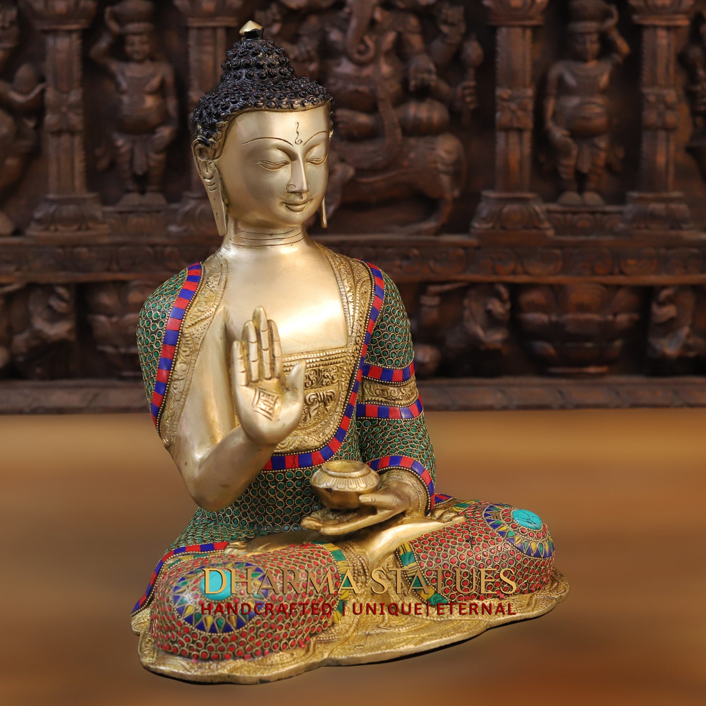 Brass Buddha seated, Blessing Position, Golden & Stonework, 16"
