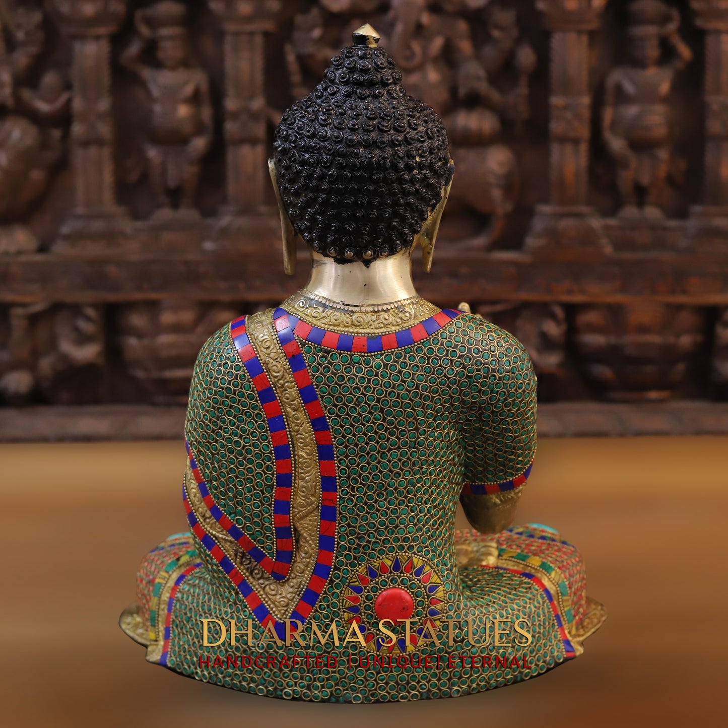 Brass Buddha seated, Blessing Position, Golden & Stonework, 16"