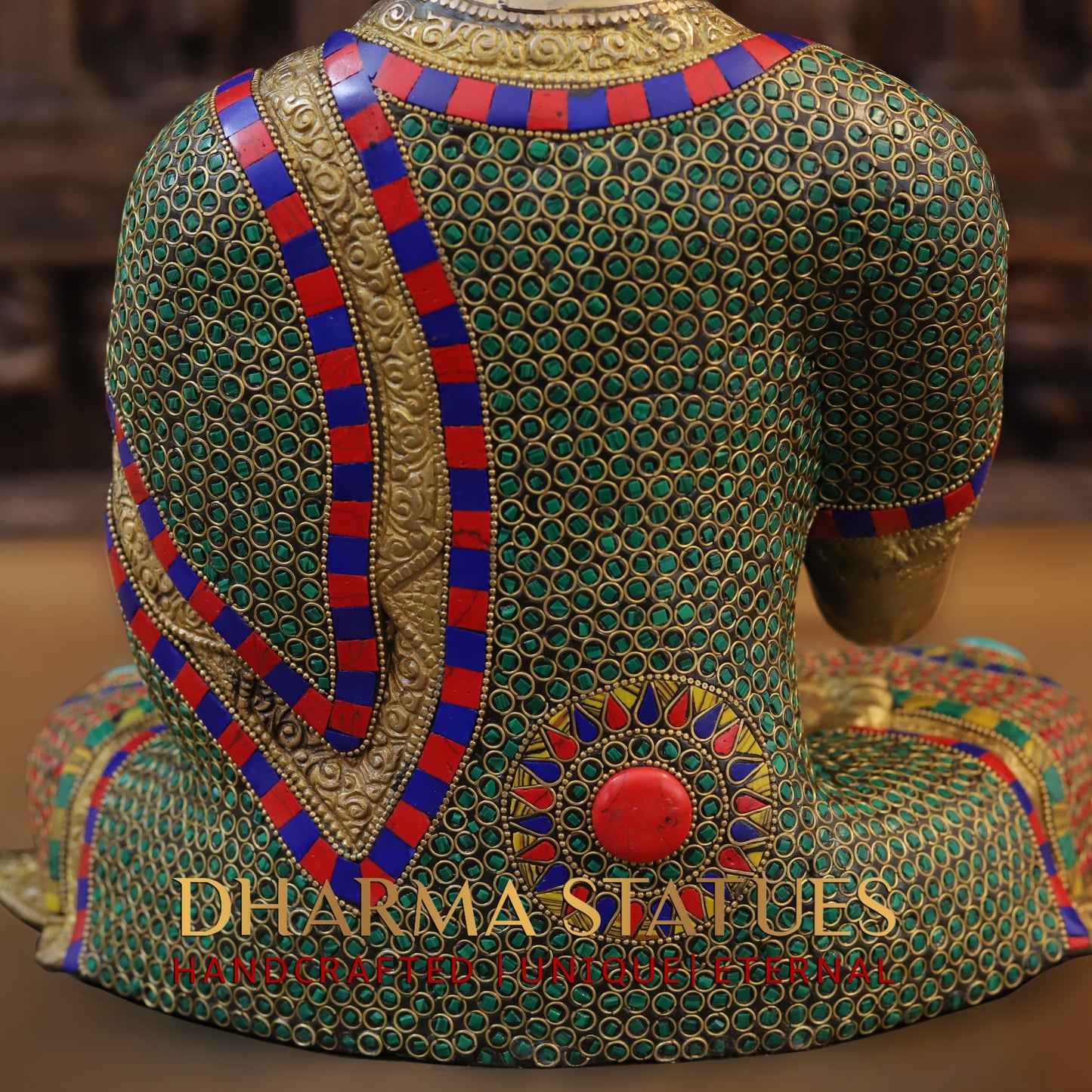 Brass Buddha seated, Blessing Position, Golden & Stonework, 16"