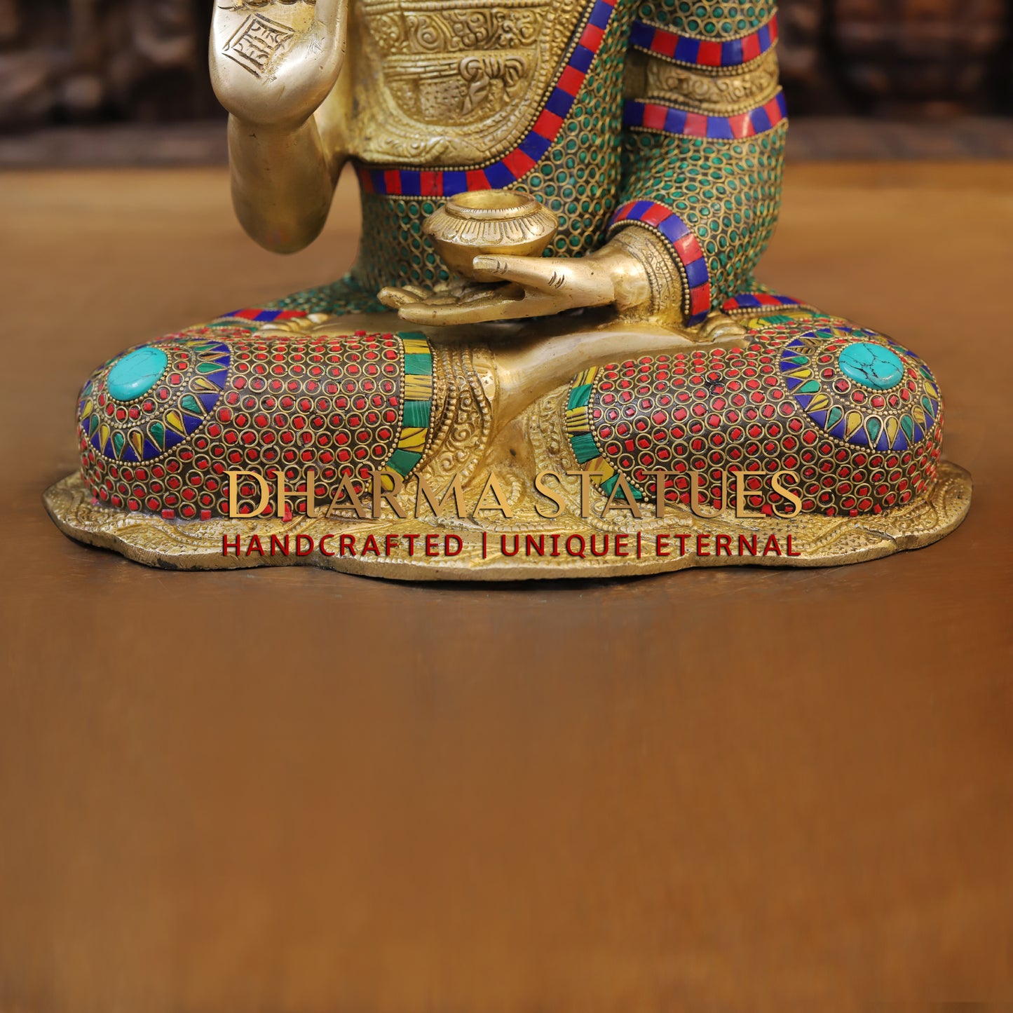Brass Buddha seated, Blessing Position, Golden & Stonework, 16"