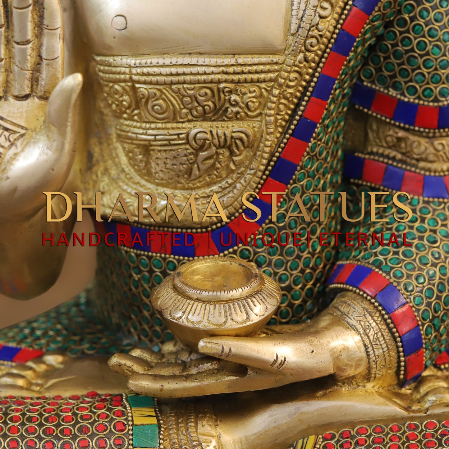 Brass Buddha seated, Blessing Position, Golden & Stonework, 16"