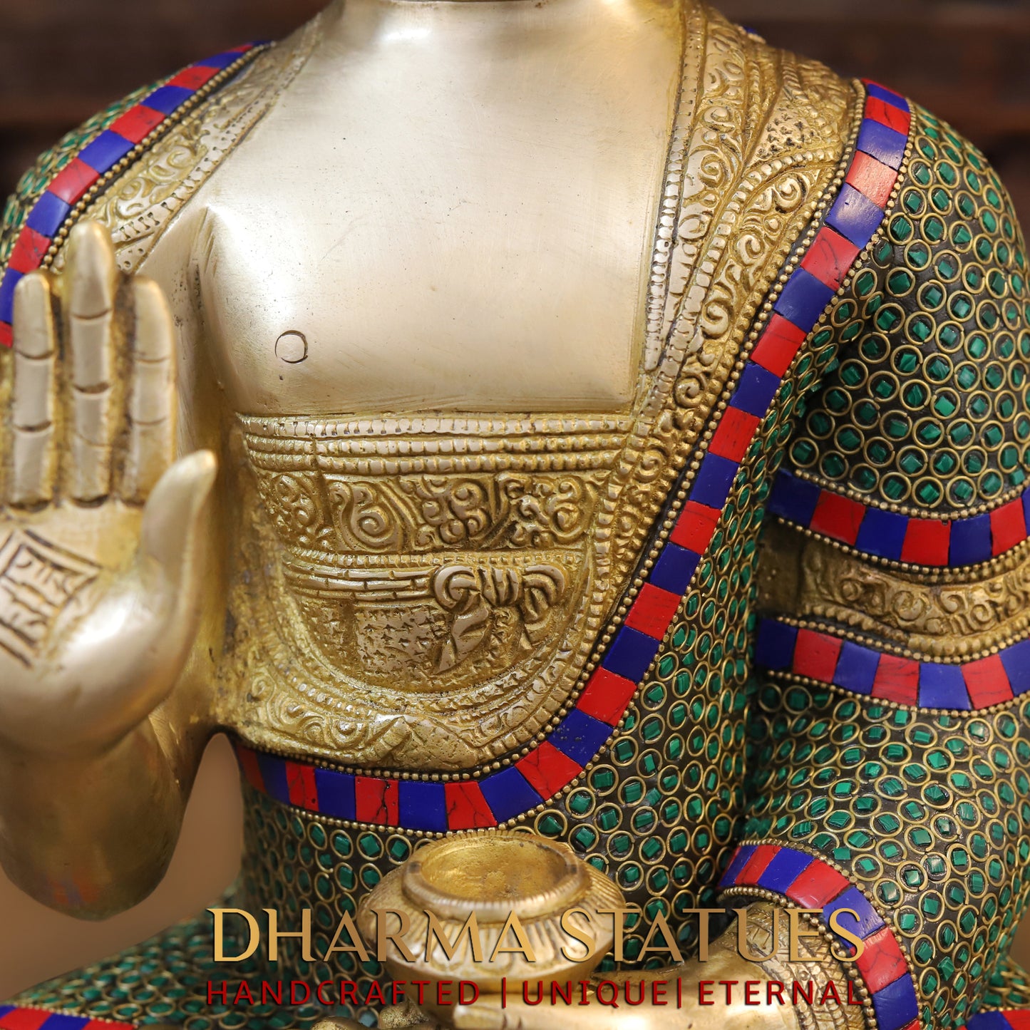 Brass Buddha seated, Blessing Position, Golden & Stonework, 16"