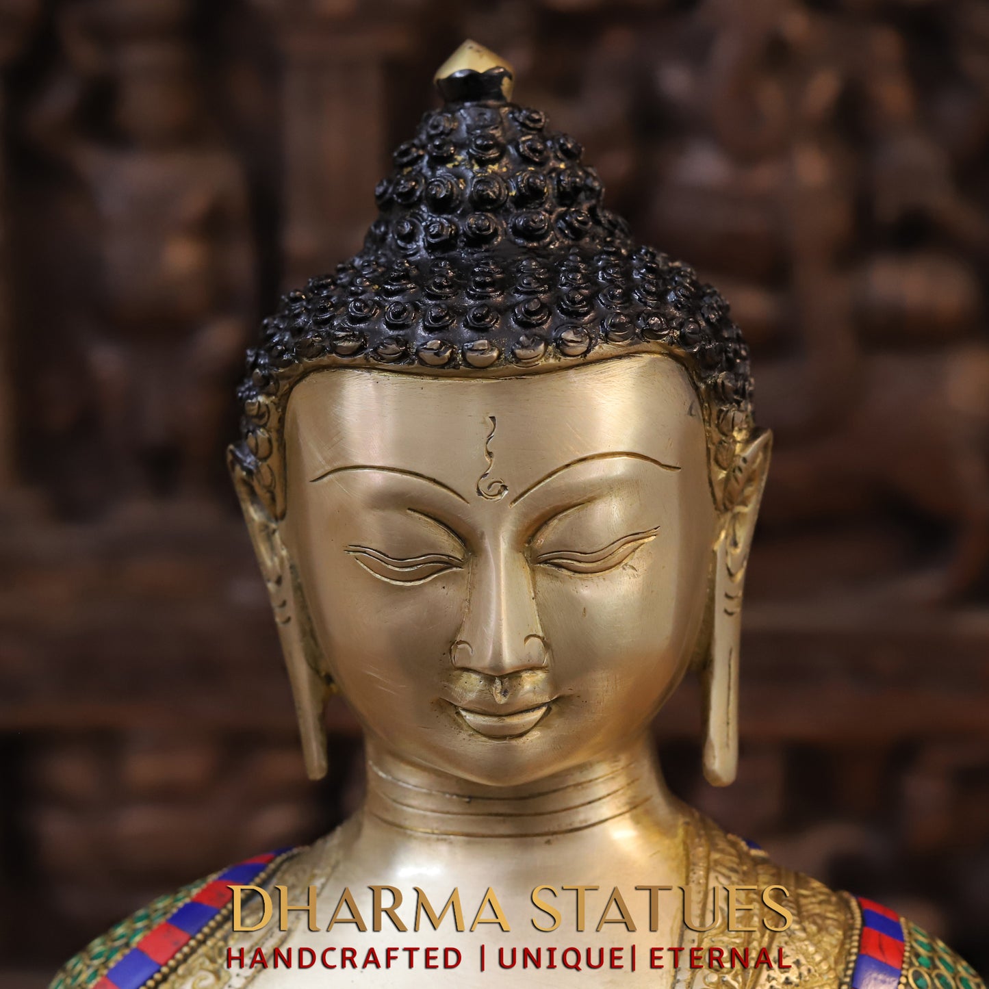 Brass Buddha seated, Blessing Position, Golden & Stonework, 16"