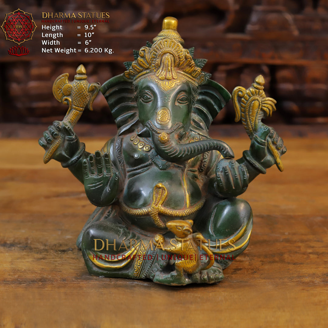 Brass Ganesh Idol, Green Patina and Golden Finish, 9.5" Front View