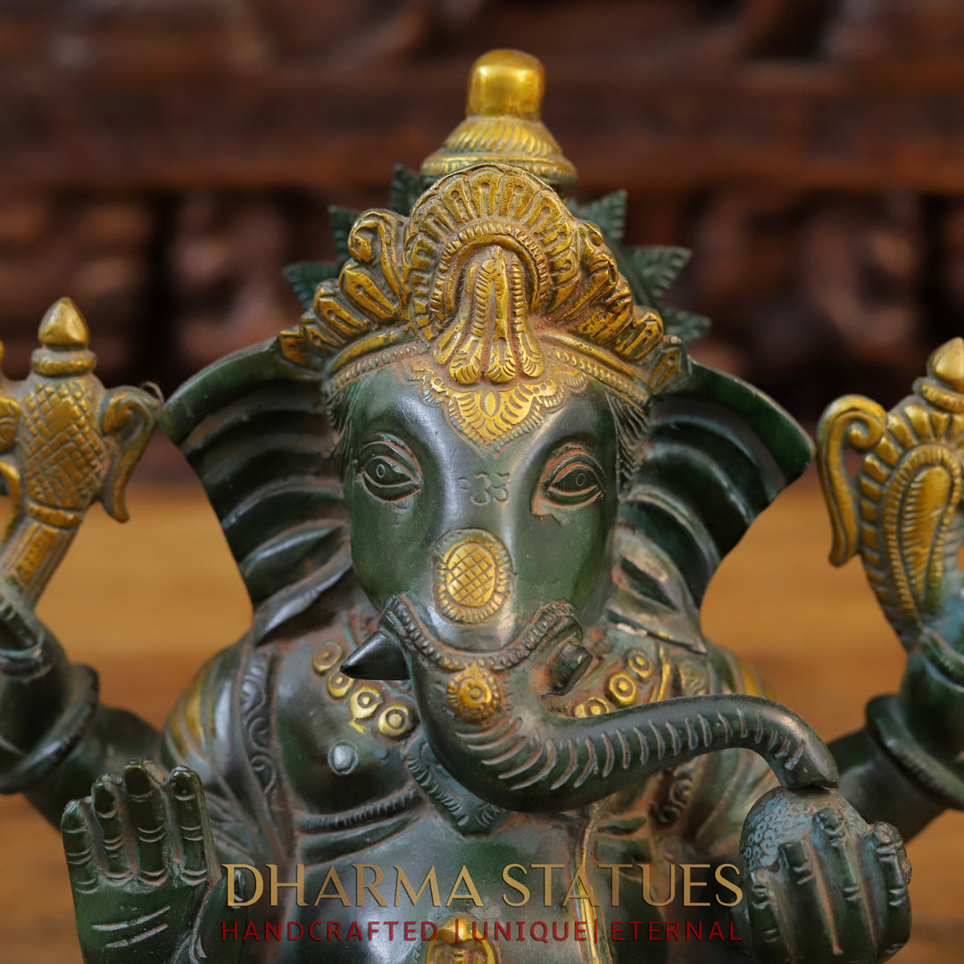 Brass Ganesh Seated With Mouse, Green Patina and Golden Finish, 9.5"