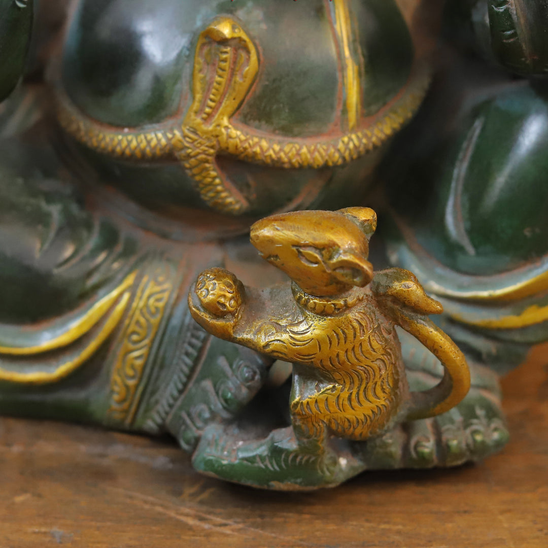 Brass Ganesh Seated With Mouse, Green Patina and Golden Finish, 9.5"