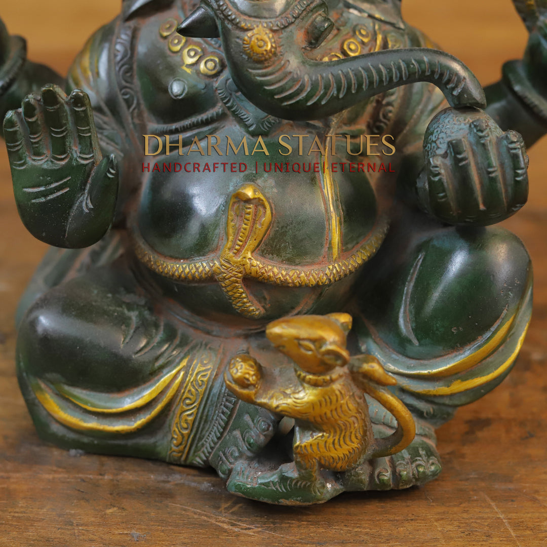 Brass Ganesh Seated With Mouse, Green Patina and Golden Finish, 9.5"