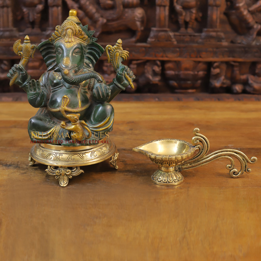 Brass Ganesh Seated With Mouse, Green Patina and Golden Finish, 9.5"