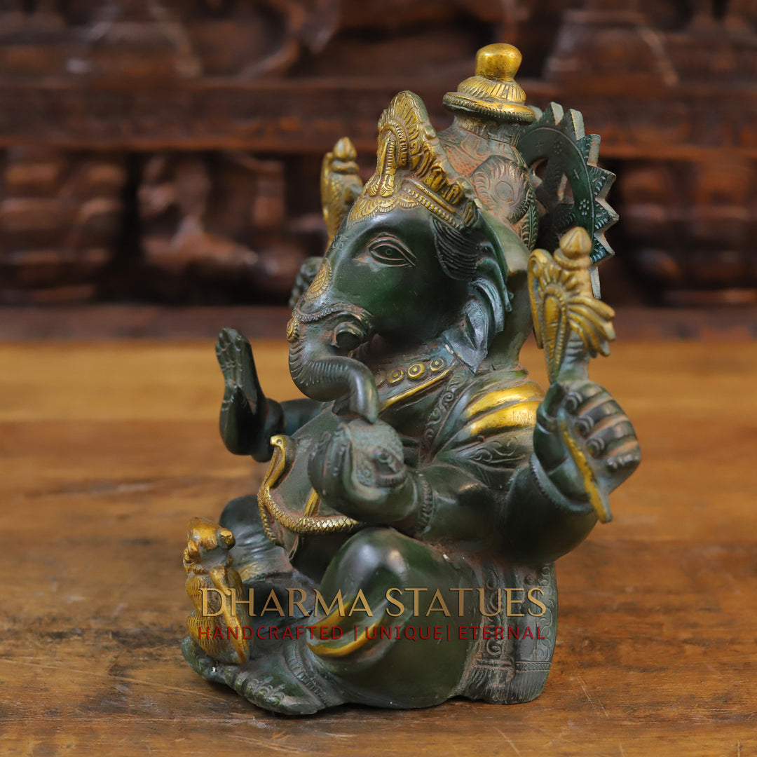 Brass Ganesh Seated With Mouse, Green Patina and Golden Finish, 9.5"