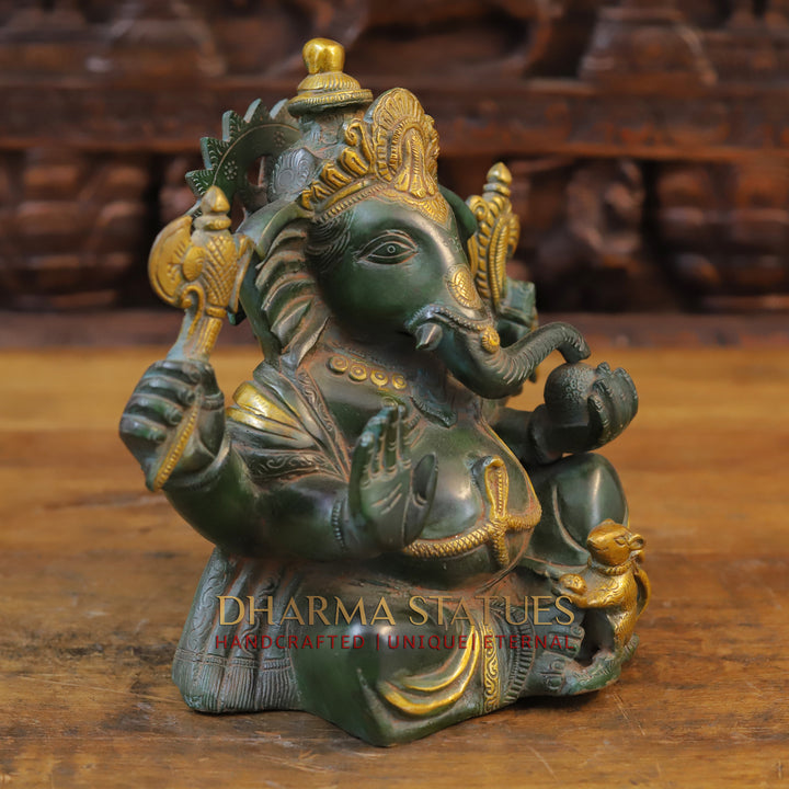 Brass Ganesh Seated With Mouse, Green Patina and Golden Finish, 9.5"