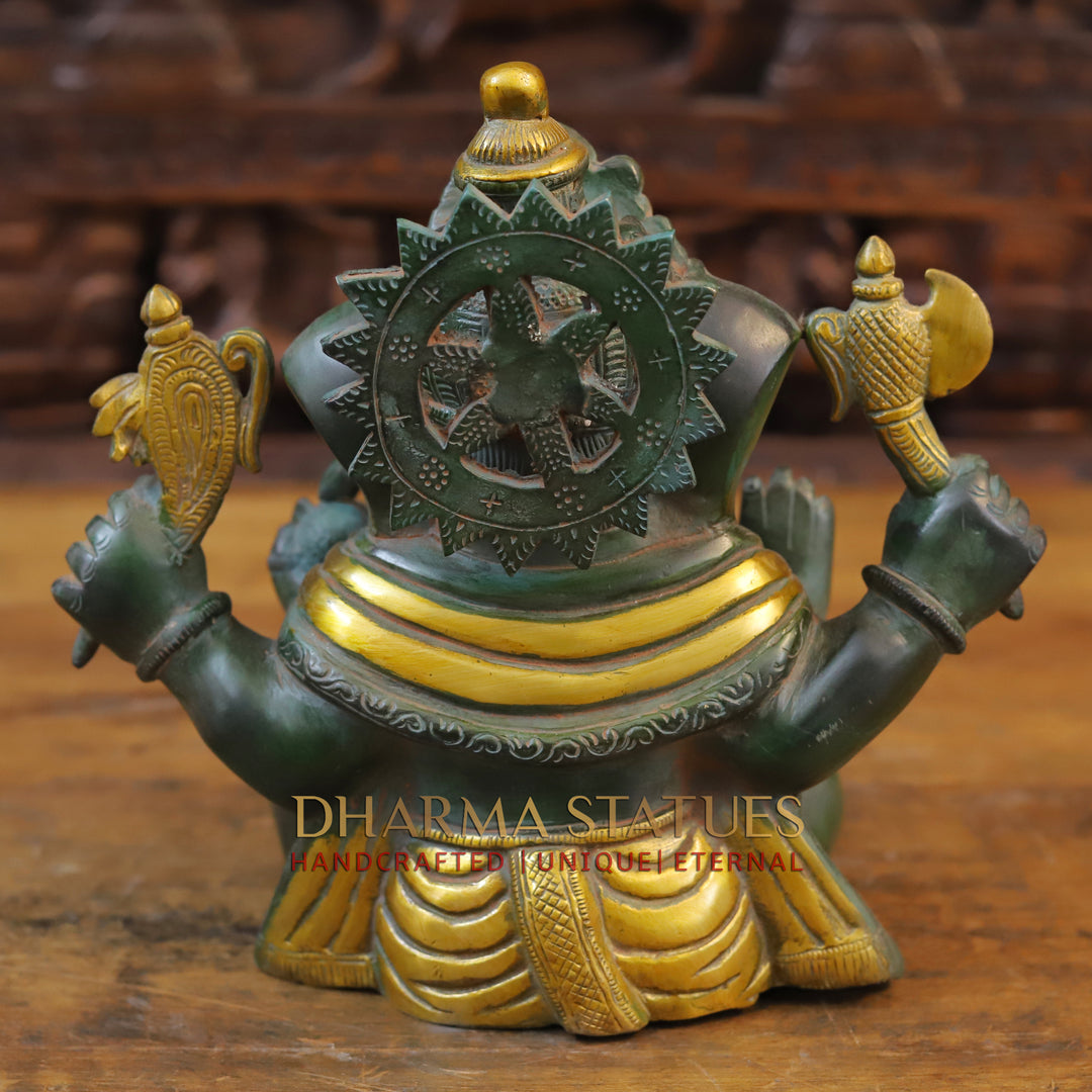 Brass Ganesh Seated With Mouse, Green Patina and Golden Finish, 9.5"