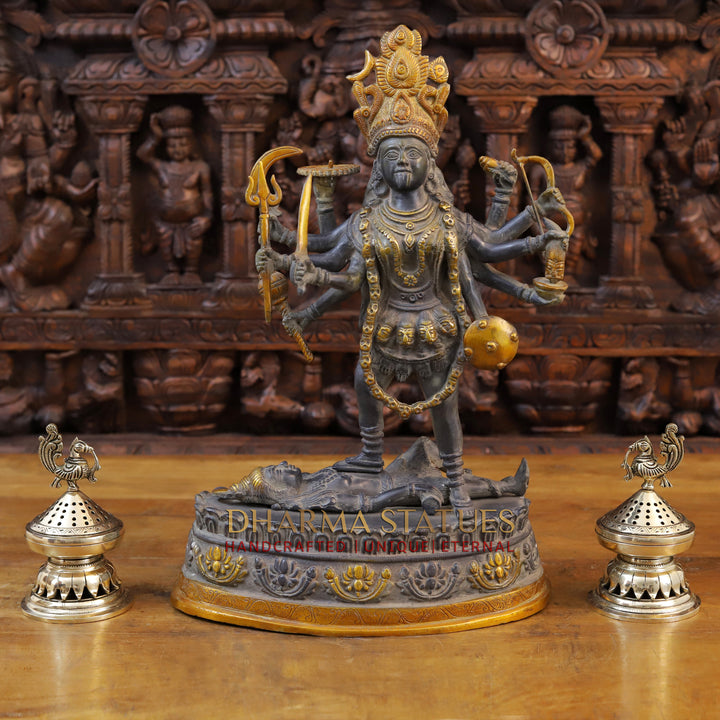 Brass Kali Statue, Standing on shiva's chest, Black patina & Golden Finish 20"