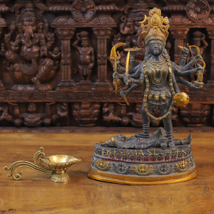 Brass Kali Statue, Standing on shiva's chest, Black patina & Golden Finish 20"