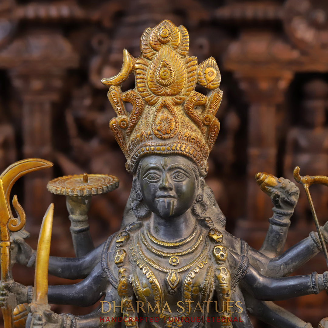 Brass Kali Statue, Standing on shiva's chest, Black patina & Golden Finish 20"