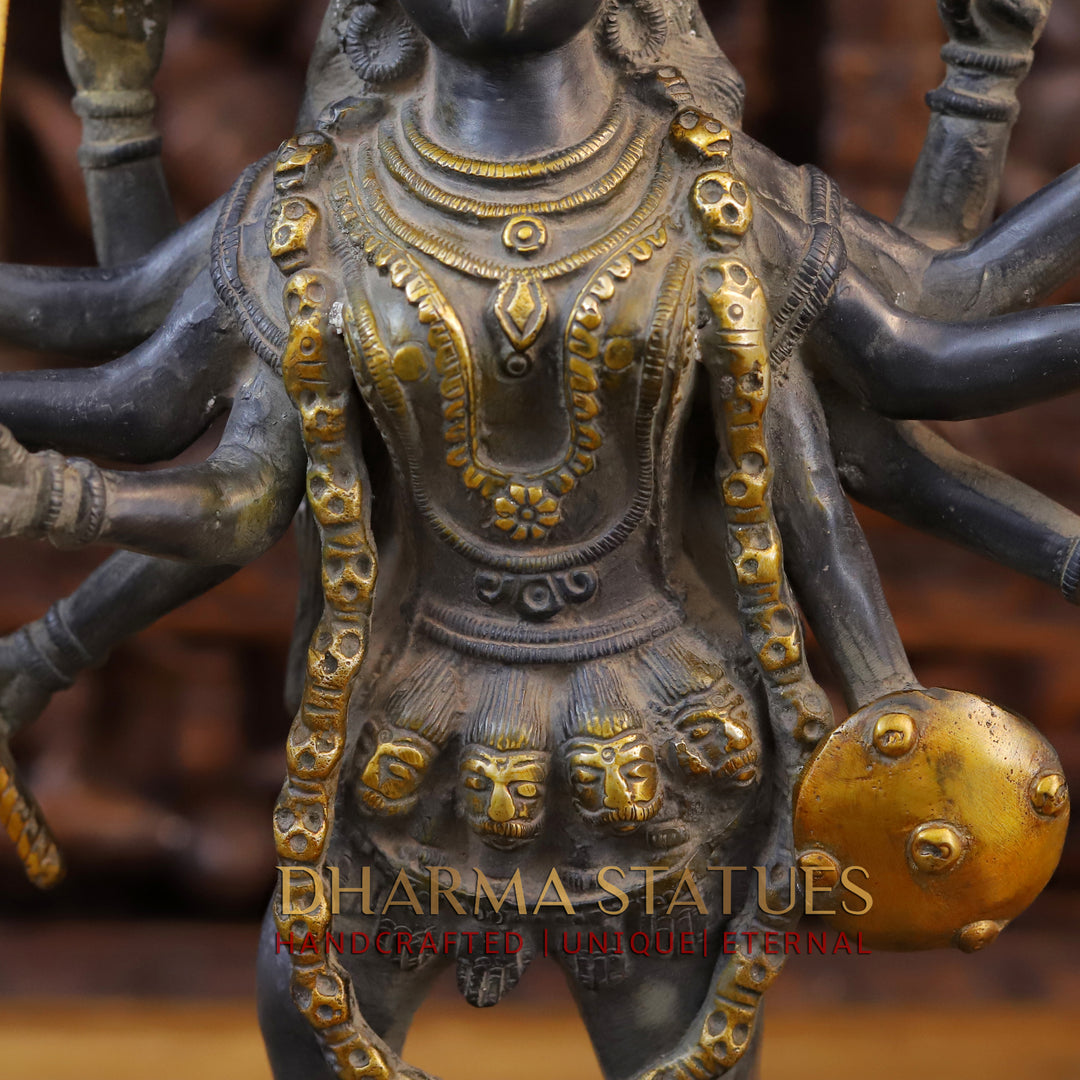 Brass Kali Statue, Standing on shiva's chest, Black patina & Golden Finish 20"