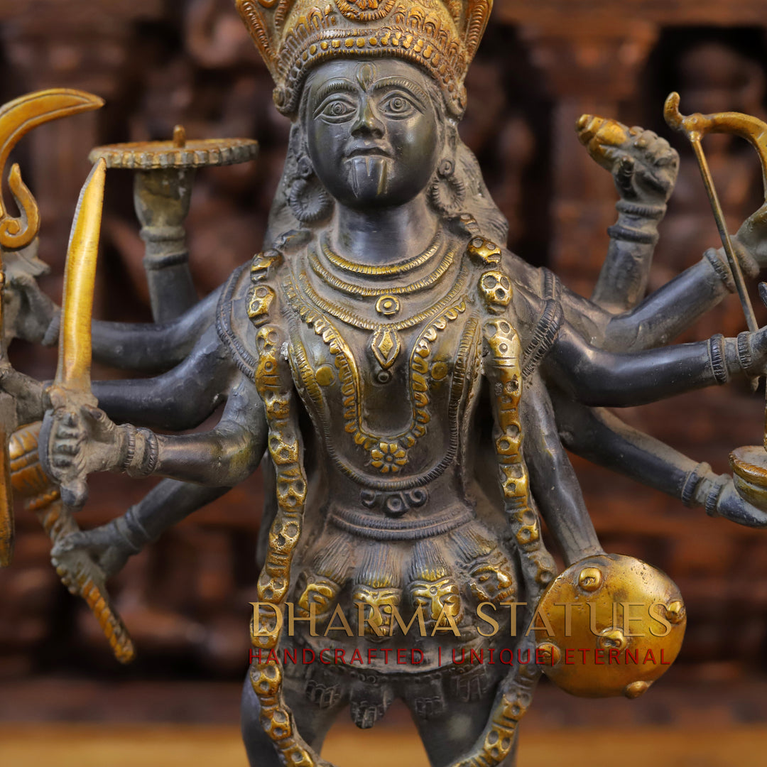 Brass Kali Statue, Standing on shiva's chest, Black patina & Golden Finish 20"